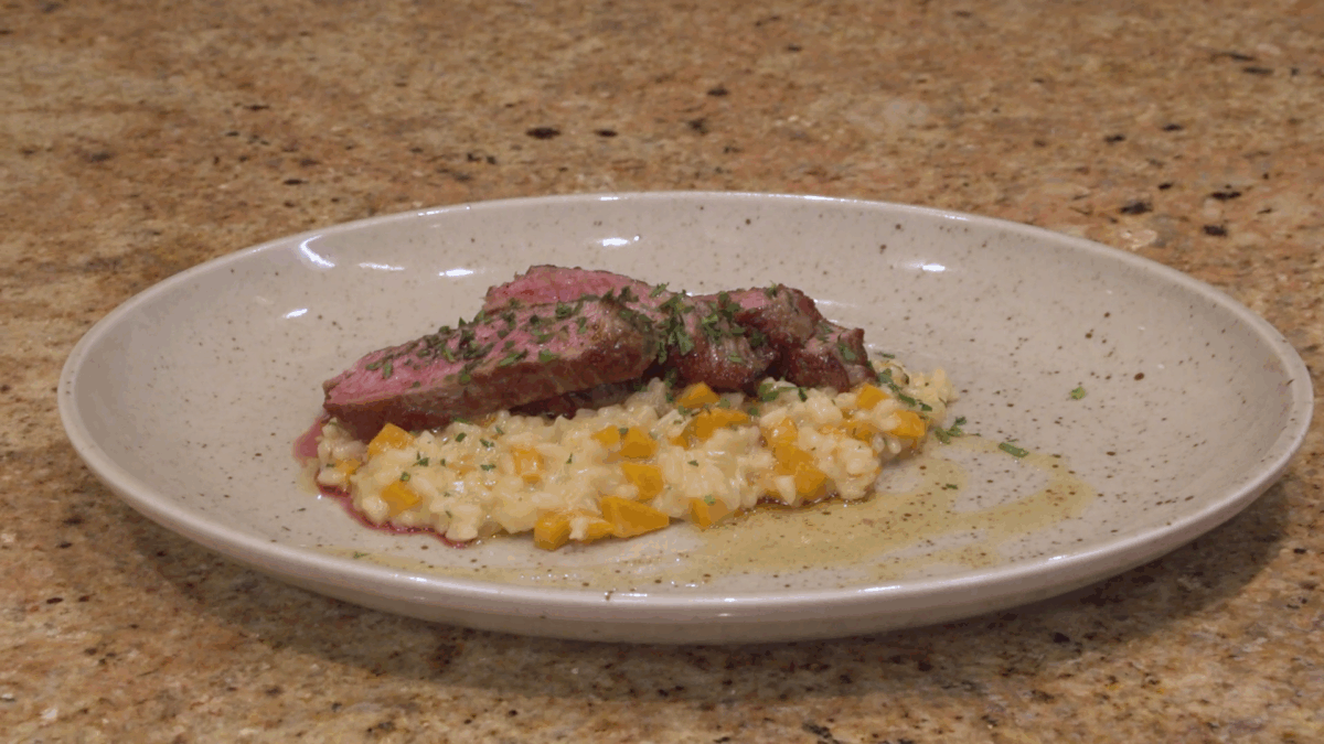 Kurz gebratenes Beiried mit Kürbisrisotto